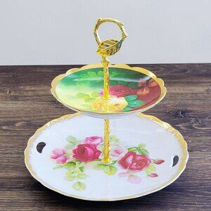 Vintage Hand-Painted Floral Mismatched 2-Tiered Dessert Stand Heavy Gold Trim